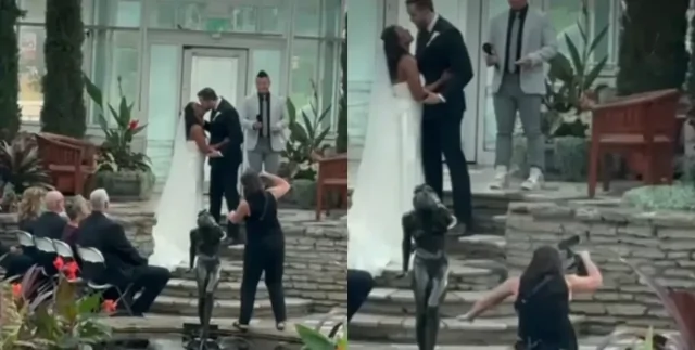 Фотограф упала в фонтан на свадьбе, но продолжила снимать