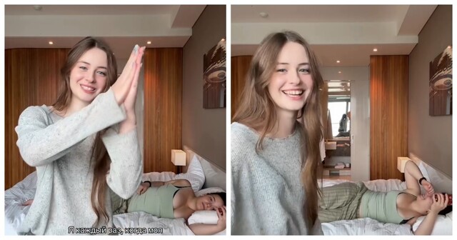 Весёлый момент дружбы: девушка шутит о груди подруги