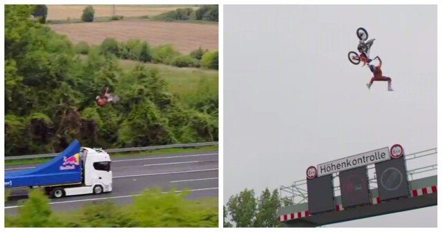 Мотогонщик сделал заднее сальто между двумя движущимися грузовиками