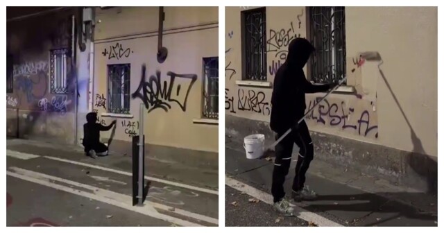 Уличный художник закрашивает рисунки вандалов