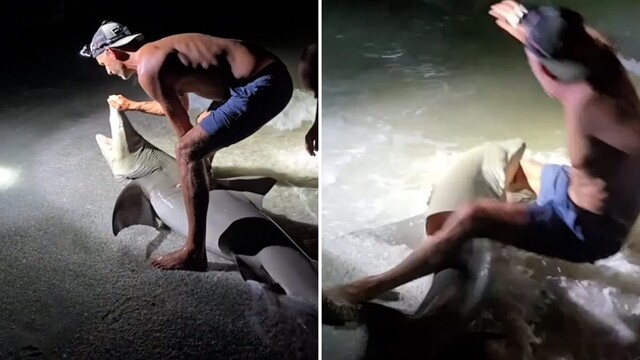 Акула укусила рыбака за ногу во время фотосессии на пляже