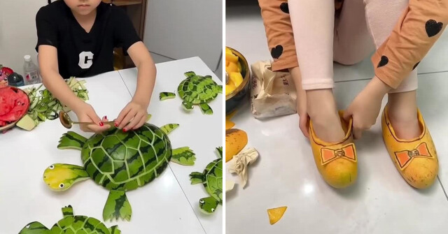 Эта талантливая девчушка мастерит фигурки животных из фруктов, овощей и других продуктов