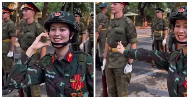 Вьетнамская военнослужащая показала жест сердечко российскому солдату на параде