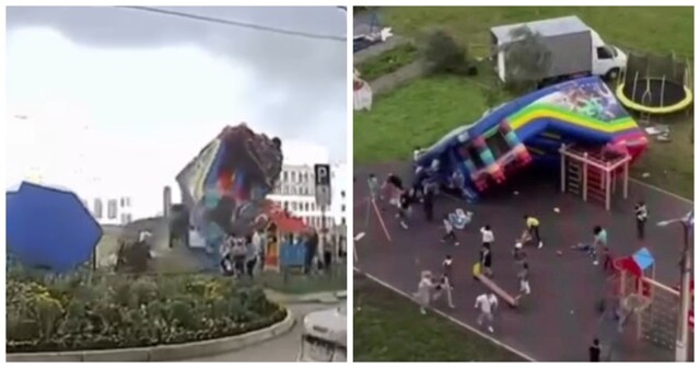 В Уфе сильный ветер перевернул надувной батут с детьми