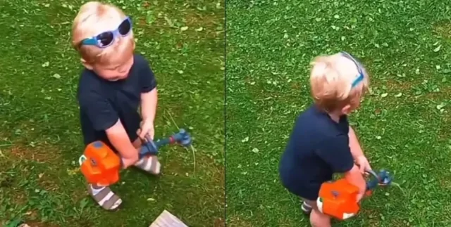 Идеальная работа: малыш имитирует подстригание газона на сломанной газонокосилке