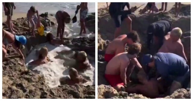 Подростки застряли в мокром песке на пляже