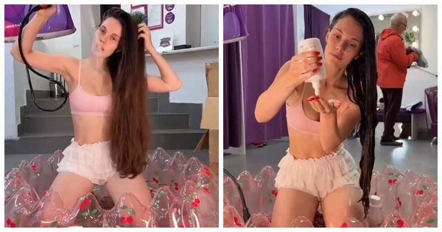 В пункте выдачи: девушка устроила тест-драйв шампуня с душем и мини-бассейном