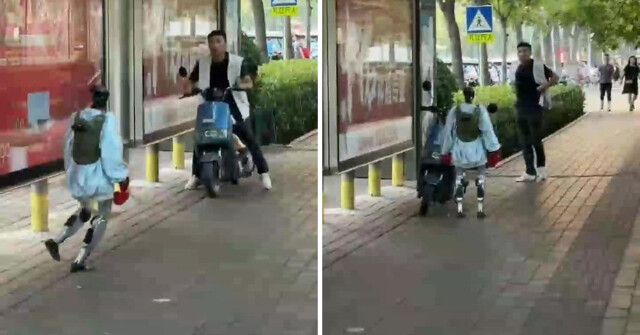 В Китае робот напугал мужчину на мопеде неожиданным «подходом»
