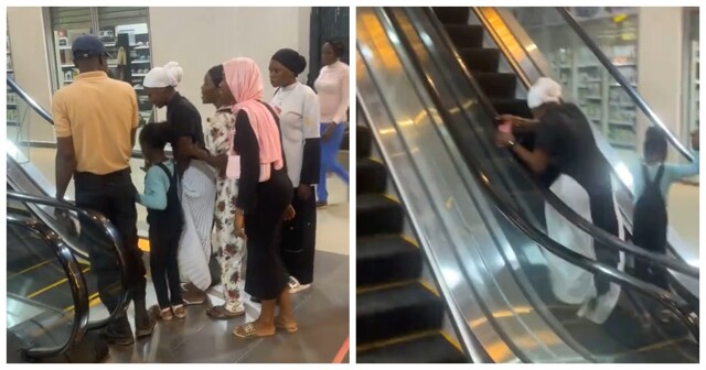 Болезненное знакомство женщины с эскалатором