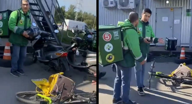 Курьеры окружили студента после того как он припарковал мопед на их месте