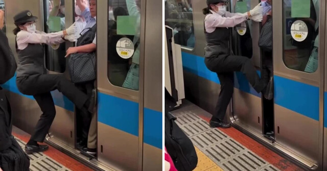 В Японии нанимают особых сотрудников, которые помогают заталкивать пассажиров в поезда