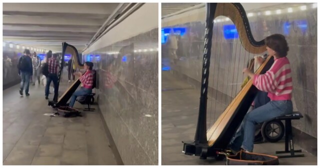 Арфистка в подземном переходе