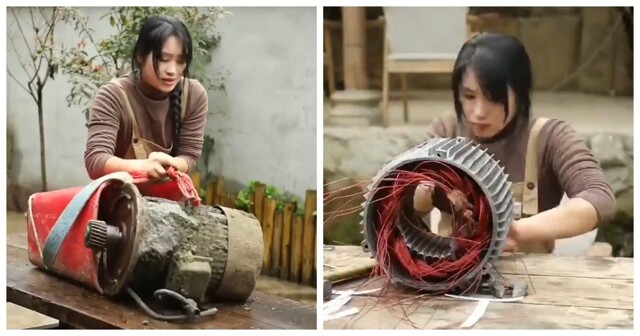 В Китае девушка самостоятельно починила двигатель бетономешалки