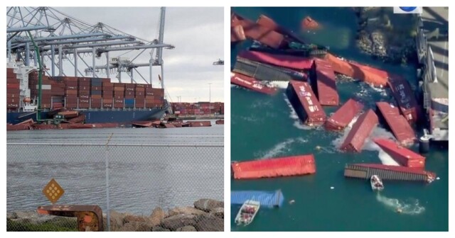 Контейнеры упали с грузового судна во время разгрузки