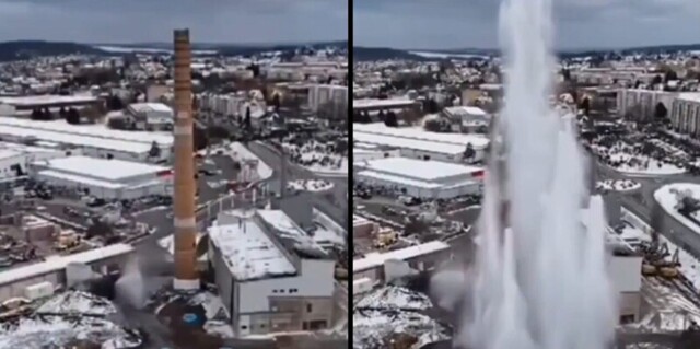 В Германии при сносе трубы включили "водяные гейзеры" против пыли