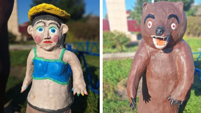 Скульптура Маши и Медведя в селе в Ульяновской области