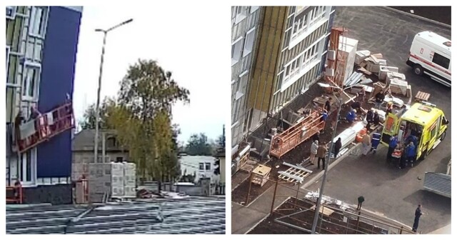 Момент падения люльки с рабочими в Уфе попал на видео