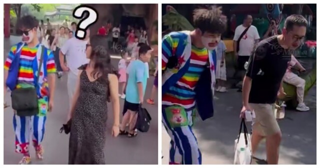 Уличный клоун развлекает прохожих