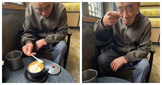 Дедушка из Китая впервые пробует кофе