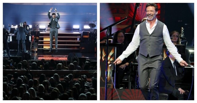 Актер Хью Джекман прыгает через скакалку на сцене