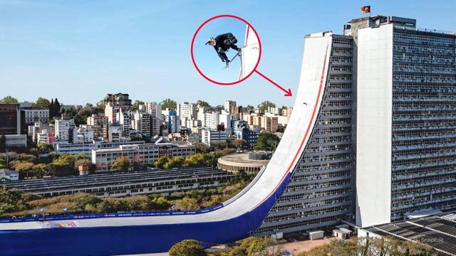 50-летний скейтер съехал по гигантской рампе, построенной на 22-этажном здании