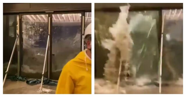 Мощный поток воды снёс двери в отеле в Гонконге