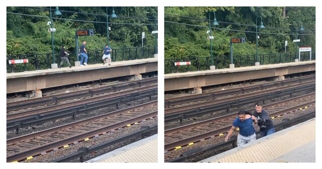 В США полицейский и нарушитель едва не погибли на рельсах