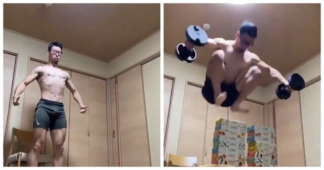 Мужчина выполняет прыжки на разные уровни, держа в руках гантели по 8 кг