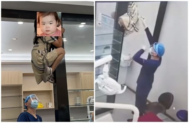 В Китае девочка залезла на дверной косяк клиники, чтобы сбежать от стоматолога
