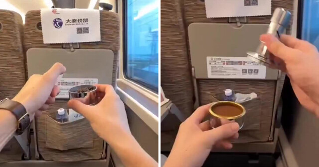 Китаец готовит кофе по пути на работу прямо в электричке