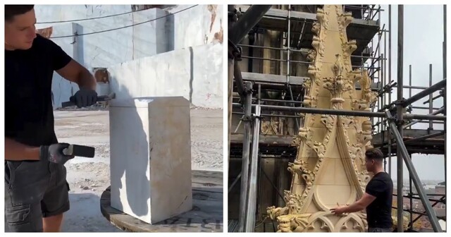 Молодой каменщик из нового поколения мастеров сохраняет традиции европейского зодчества