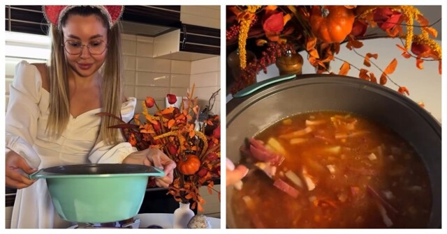 Девушка готовит солянку для парня