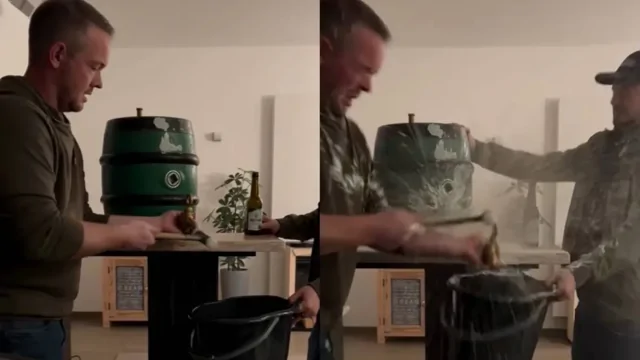 Когда открытие идёт не по плану: мужчина вбил кран прямо в пивную бочку