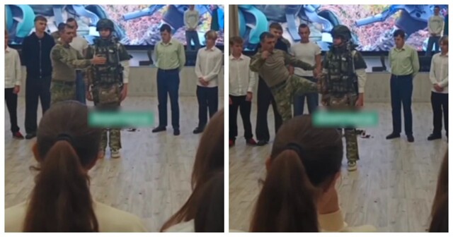 Военный надел на пацана экипировку и предложил всем одноклассникам побить его