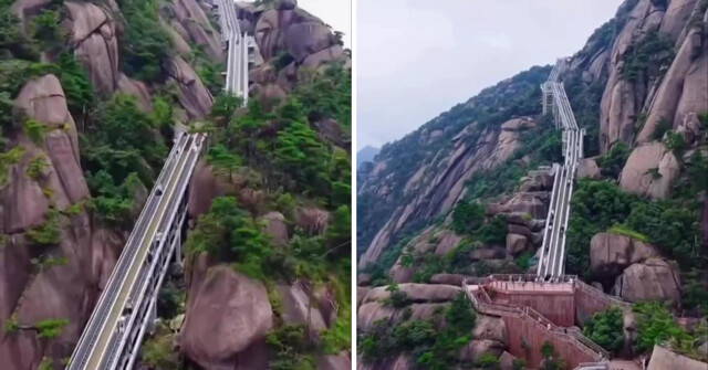 В Китае запустили эскалатор длиной 1236 метров: Эскалатор ведет прямо на вершину горы Линшань