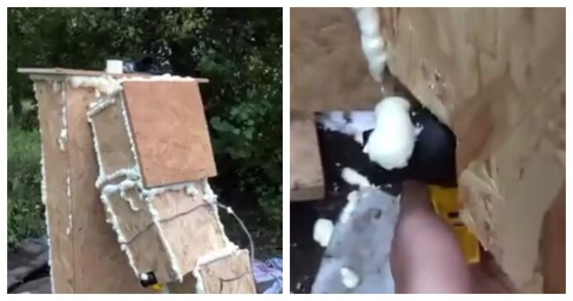 Мужчина утеплил уличную колонку