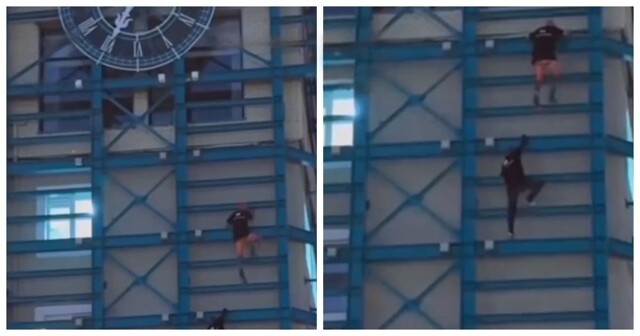 Два «спайдермена» взобрались на башню с часами во Владивостоке