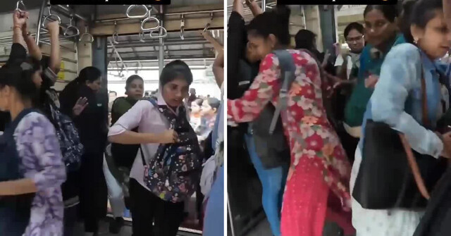 Девушки в Мумбаи прыгают в поезд на ходу