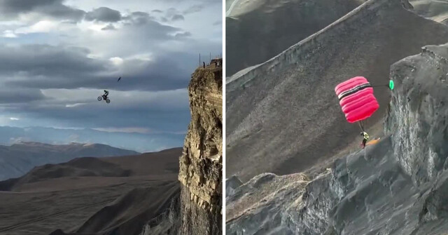 Российский экстремал разогнался на мотоцикле и прыгнул в пропасть с парашютами в горах Дагестана