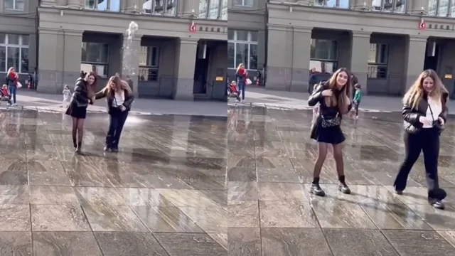 Бернский фонтан шутит с прохожими: струя воды попала прямо под юбку