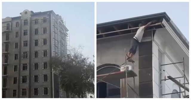 В Узбекистане засняли местного рабочего, который стоял в тапочках на краю строительных лесов