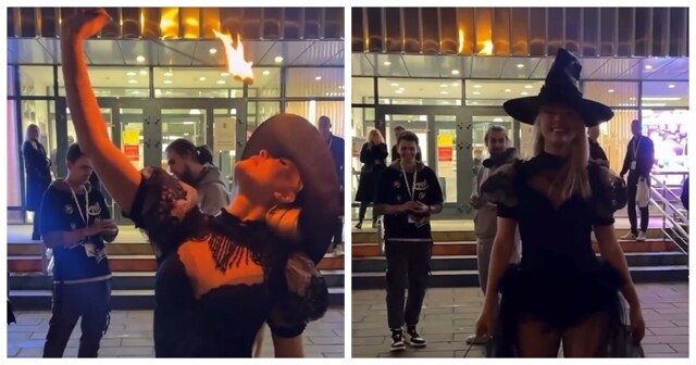 Уличная ведьма устроила огненное шоу, удивив прохожих