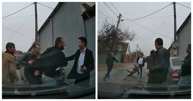 В Краснодаре мужчина в костюме постоял один против группы нападающих