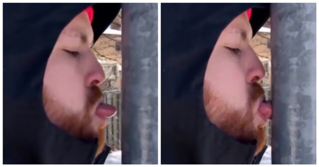 Парень лизнул металл на морозе