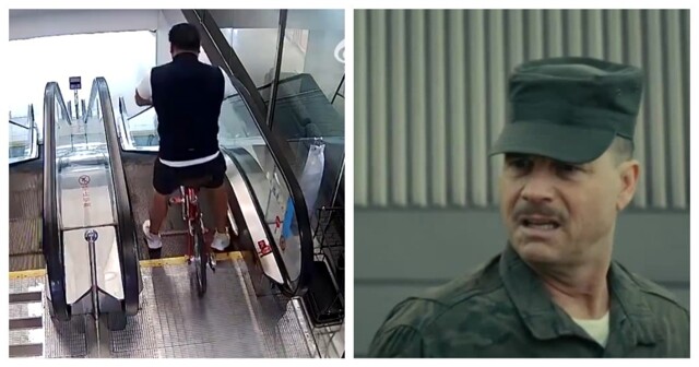 Попытка китайца спуститься на велосипеде по эскалатору