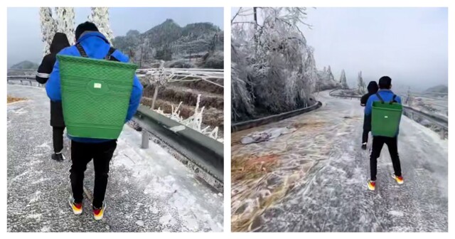 На бамбуковых дощечках по обледеневшей дороге