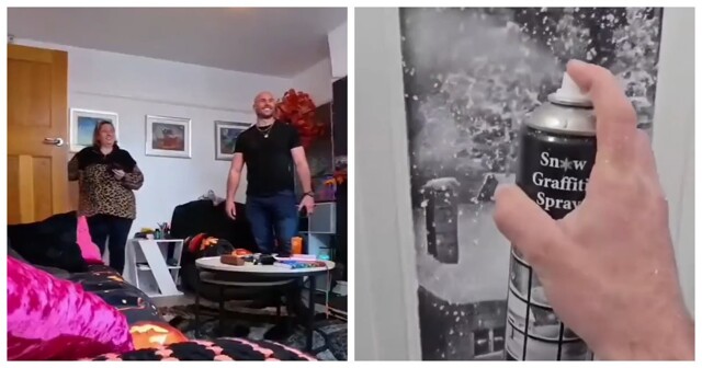 Парень рисует сказочные картины искусственным снегом на окнах