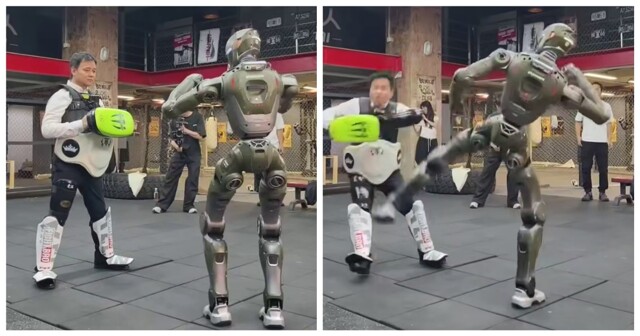 Китайский робот с легкостью сбивает мужчину с ног
