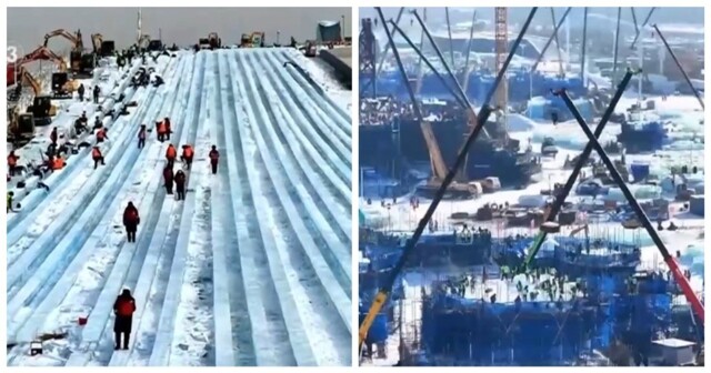 В Харбине строят гигантскую ледяную горку и снеговика