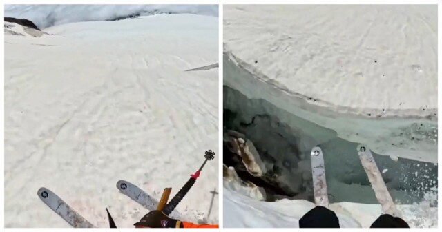Лыжник едва не упал в ледниковую трещину